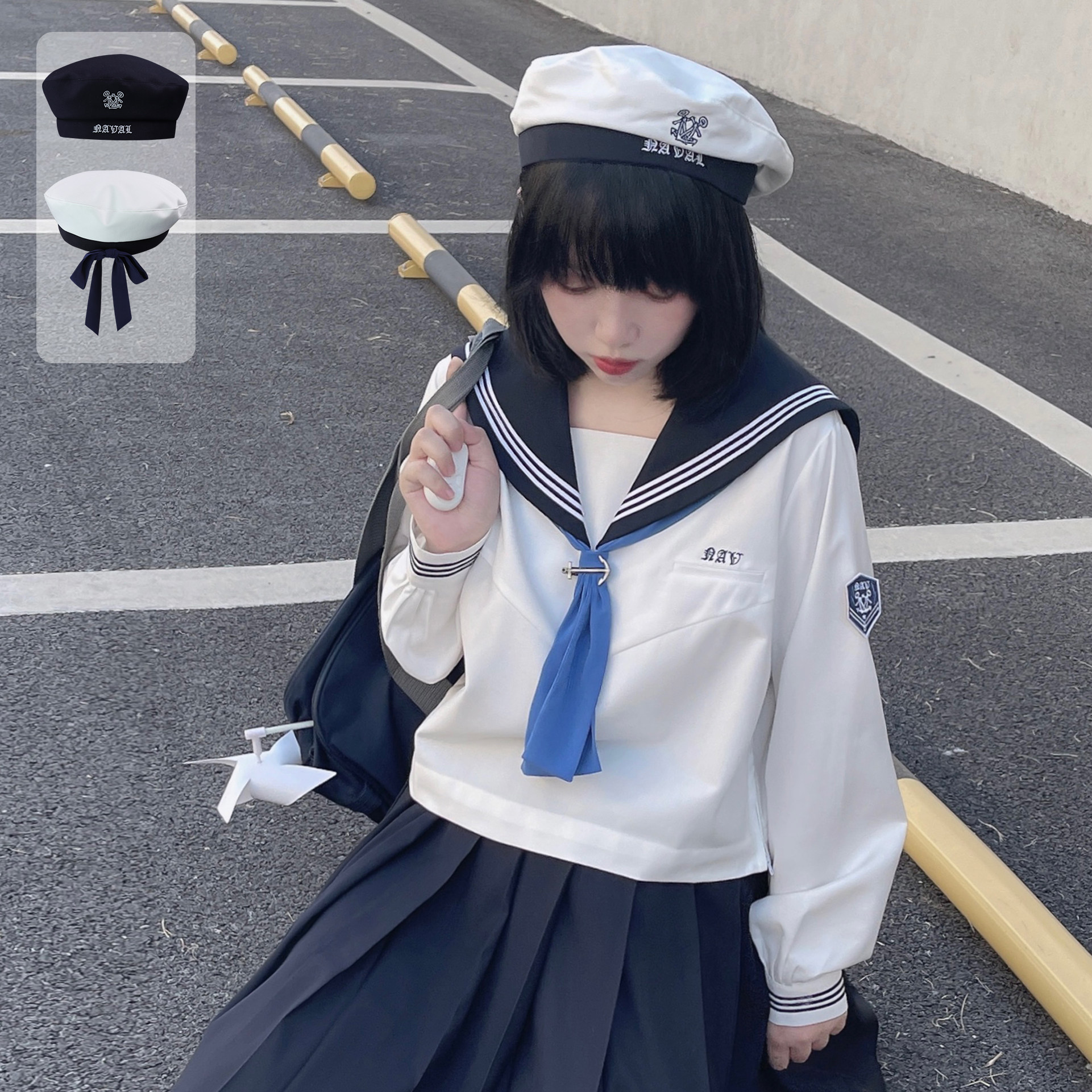 樱花家族jk制服原创 白色绀色贝雷帽 日系学院风领结帽子女春季