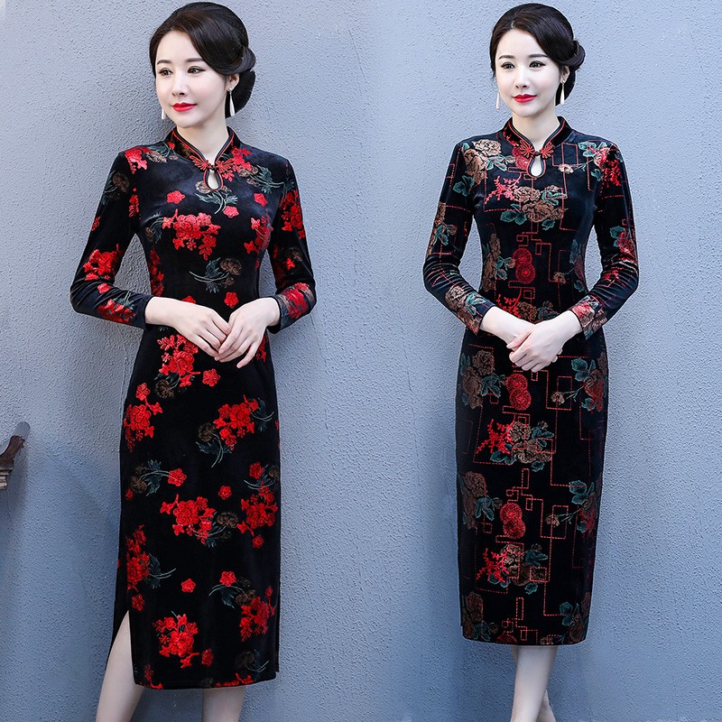 秋季新款中年女士金丝绒旗袍裙贵夫人太太气质连衣裙妈妈长袖裙子