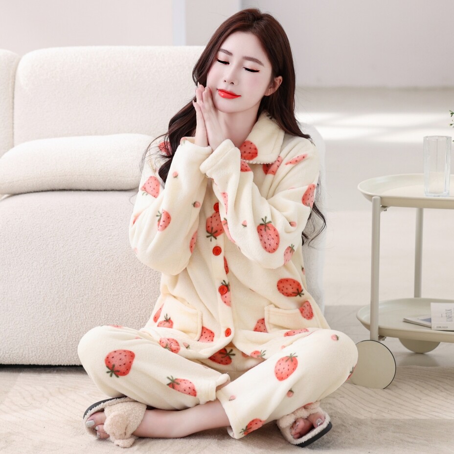 韩版睡衣女秋冬季长袖套装加厚可爱珊瑚绒两件套法兰绒妈妈家居服