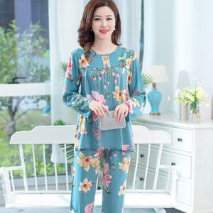 春夏天格子棉绸睡衣女中老年妈妈装简约薄款女长袖长裤家居服套装
