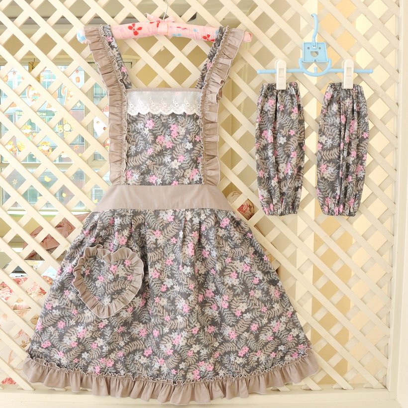 棉布厨房围裙袖套套装女士办公生活裙围简约田园韩版反穿衣家美逸