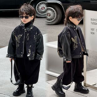 男童皮衣新款中国风提花儿童皮夹克套装休闲帅气小孩上衣外套演出