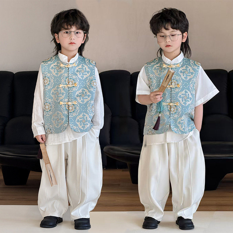 儿童汉服马甲国风套装男童新中式唐装夏季帅气小少爷生日演出服