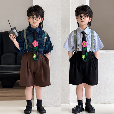 男童礼服夏季休闲帅气男童西装套装背带衬衣短袖花童婚礼演出西服