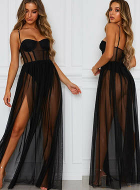 Women Sexy Mesh Sheer Sling Bikini Cover Up Long Dress Beach