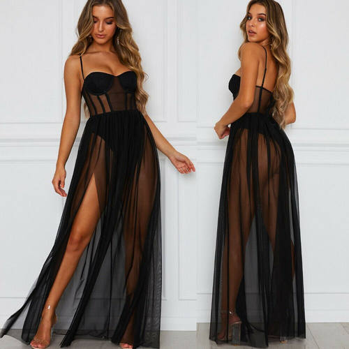 Women Sexy Mesh Sheer Sling Bikini Cover Up Long Dress Beach