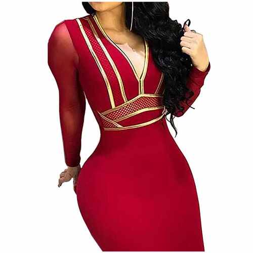 年会派对红色礼服V领网纱拼接金属条连衣裙women party red dress