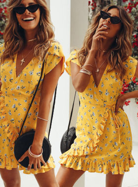 Bandage Bodycon Yellow Evening Party Print Short Mini Dress