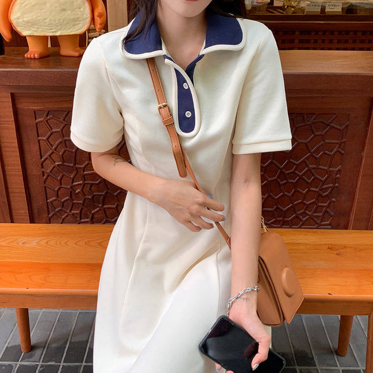 2022夏季泡泡袖女连衣裙女学院风polo领设计感小众学生中长款裙子