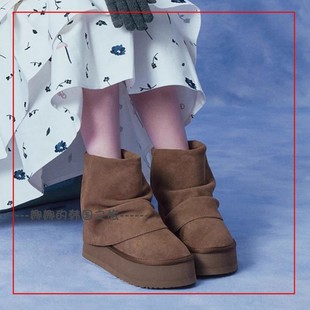 韩国代购rockfish 翻盖设计厚底雪地靴6英寸 保暖中筒棉鞋增高5cm