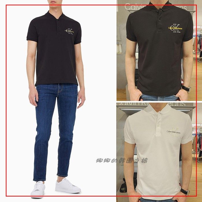 CK JENS 韩国代购直邮22春男士棒球领LOGO休闲修身短袖T恤J320628