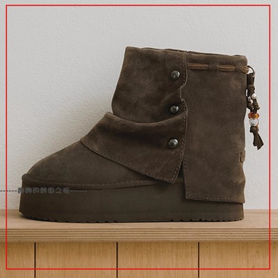 韩国代购rockfish 外翻短筒雪地靴 厚底5cm 珠串纽扣设计时尚百搭