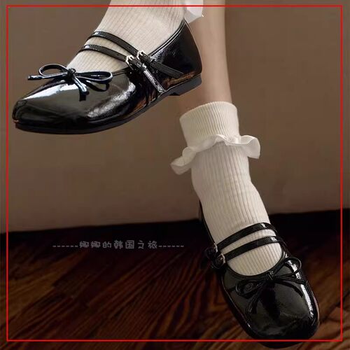 韩国代购rockfish春季双条绑带漆皮玛丽珍芭蕾鞋单鞋女鞋 蝴蝶结