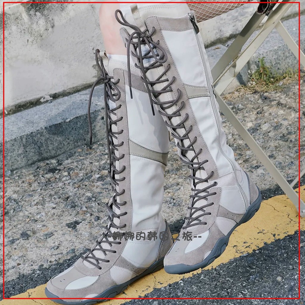 韩国代购 rockfish绑带高筒骑士靴 复古运动风高筒靴 时髦长靴