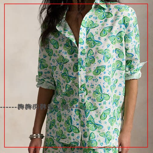 韩国代购Ralph Lauren拉夫劳伦女装oversize宽松版型印花棉麻衬衫