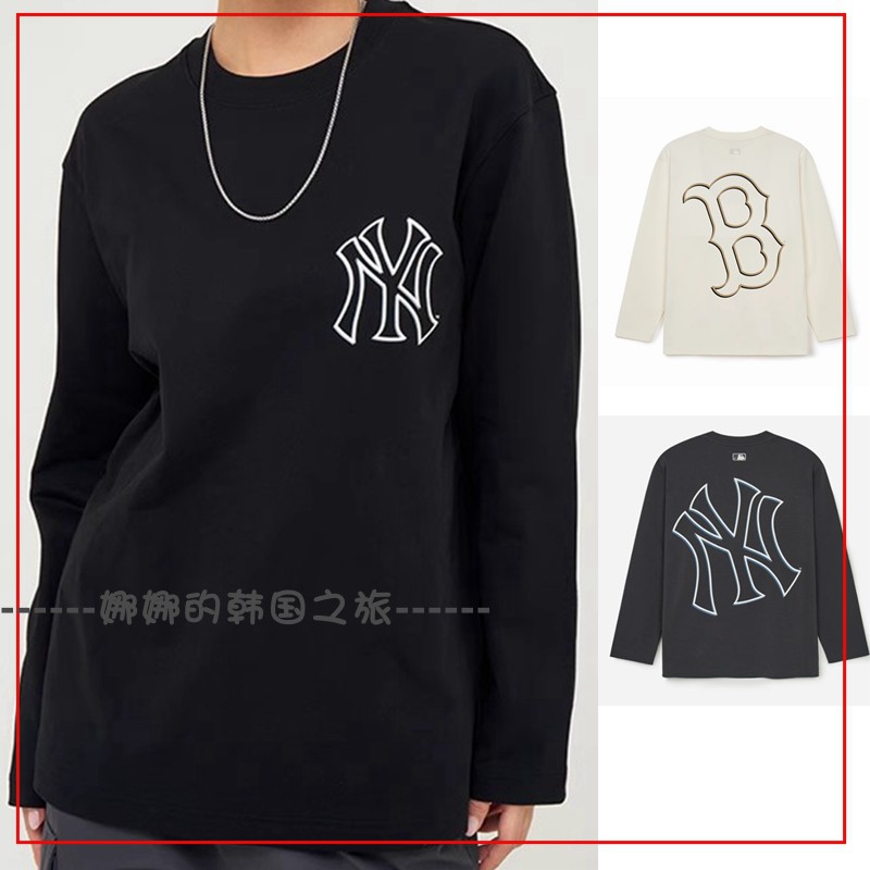 韩国代购MLB 男女情侣圆领长袖T恤后背大logo宽松上衣 3ATSB0544