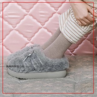 韩国代购rockfish 时尚可爱蝴蝶结绑带毛毛鞋一脚蹬雪地靴厚底4cm