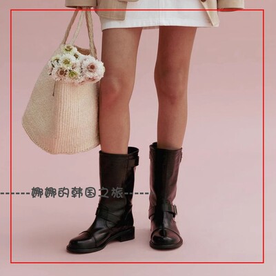 韩国代购howus 锁扣设计女靴中筒靴子 时尚简约百搭 定制款
