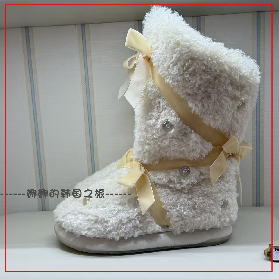 韩国代购Rockfish SUSAN FANG 张沅禧同款奶呼呼蝴蝶结中筒棉靴