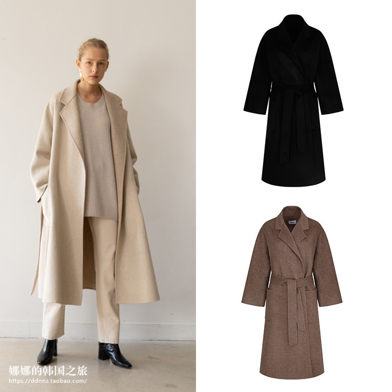 韩国手工长款自然感毛呢系带大衣