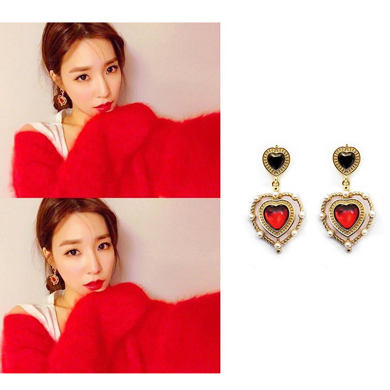 韩国正品代购Tiffany黄美英同款Jamie&bell复古红宝石心形耳环
