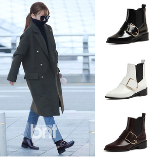 A Pink普美同款 RACHEL COX韩国代购搭扣松紧带拼接低跟牛皮短靴