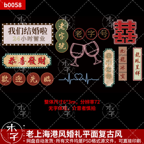 老上海港风婚礼平面PSD分层源文件民国风复古怀旧KT板可制作打印
