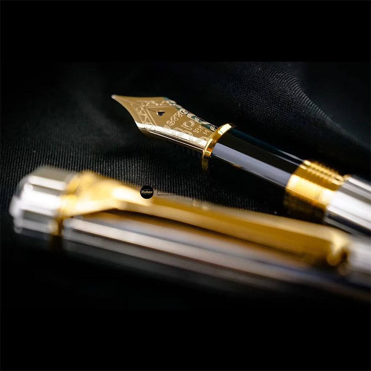 现货日本 PLATINUM 白金银无垢直条纹18K金尖钢笔925纯银金属笔杆