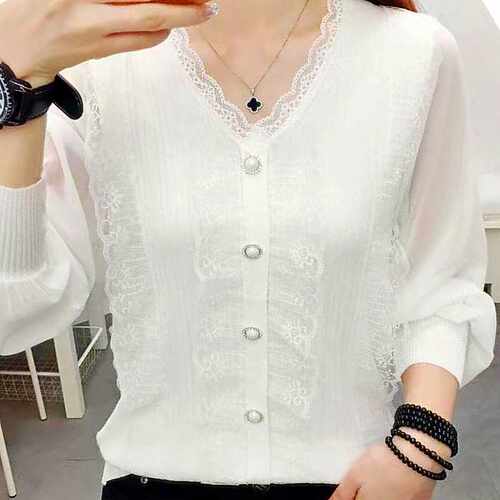 蕾丝花边洋气秋装新V领长袖女装