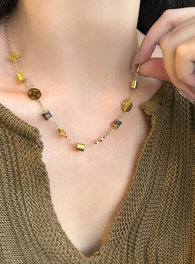 爆款欧美跨境老花皮小蛮腰项链女简约气质感百搭复古锁骨链