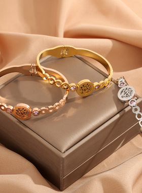 欧美时尚镶钻生命树不锈钢手镯