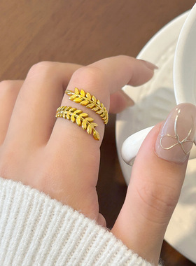 跨境简约冷淡风树叶戒指女开口百搭小众设计钛钢不掉色指环装饰品