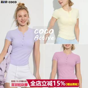 运动休闲短袖女柔软透气螺纹莫代尔健身服纽扣亨利领T恤瑜伽上衣
