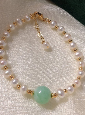 批发天然淡水珍珠15+3cm可调节豆绿玉石翡翠时尚百搭手链4.5-5mm