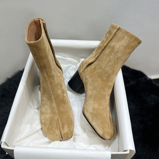 分趾鞋女2025冬新款真皮高跟tabi猪蹄靴牛反绒靴子6cm粗跟马丁靴