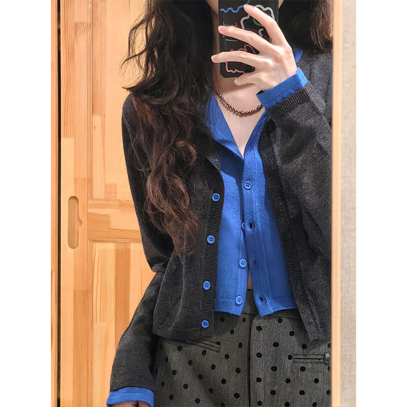 撞色假两件针织衫女秋季慵懒风毛衣软糯开衫复古长袖短款上衣外套