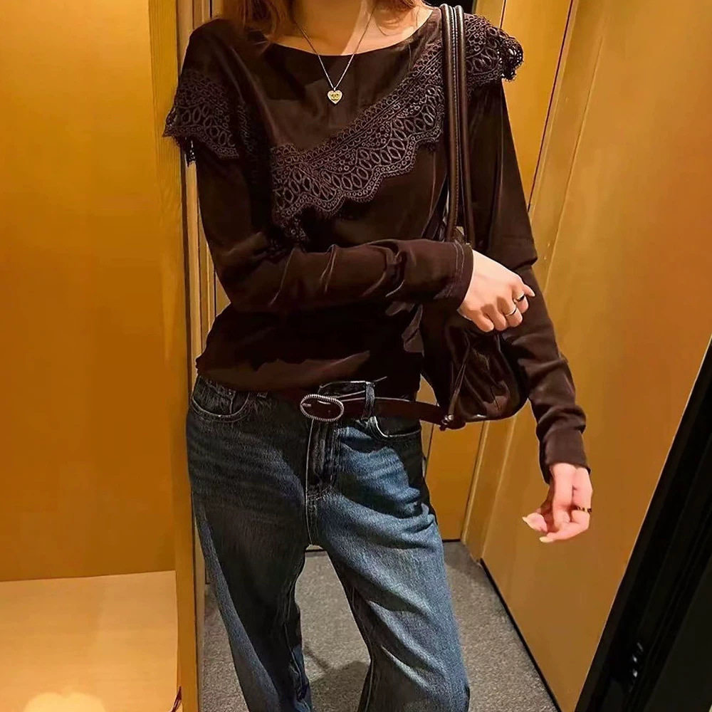 韩系设计感蕾丝钩花丝绒长袖T恤女2026秋季新款宽松显瘦百搭上衣
