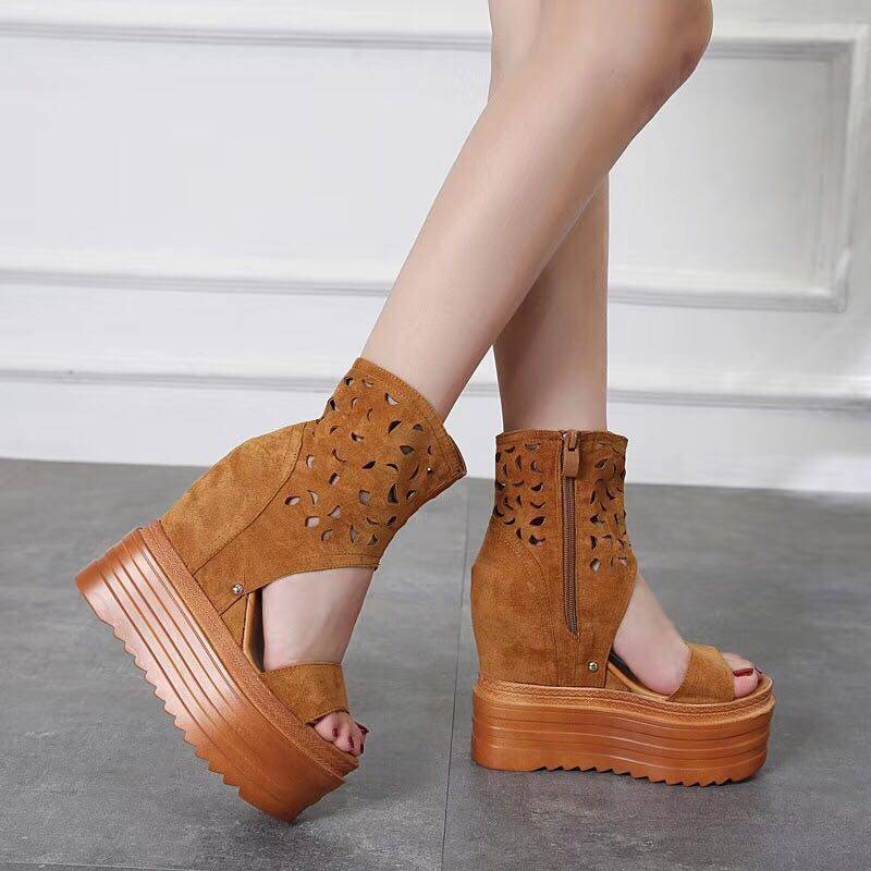 2024 WOMENS SUMMER NEW EUROPEAN AND AMERICAN HOLLOW ROUND TOE BOOTS WOMENS SIDE ZIPPER BLOCK HEEL SUPER HIGH HEEL WEDGE HEEL 13CM MESH BOOTS WOMEN