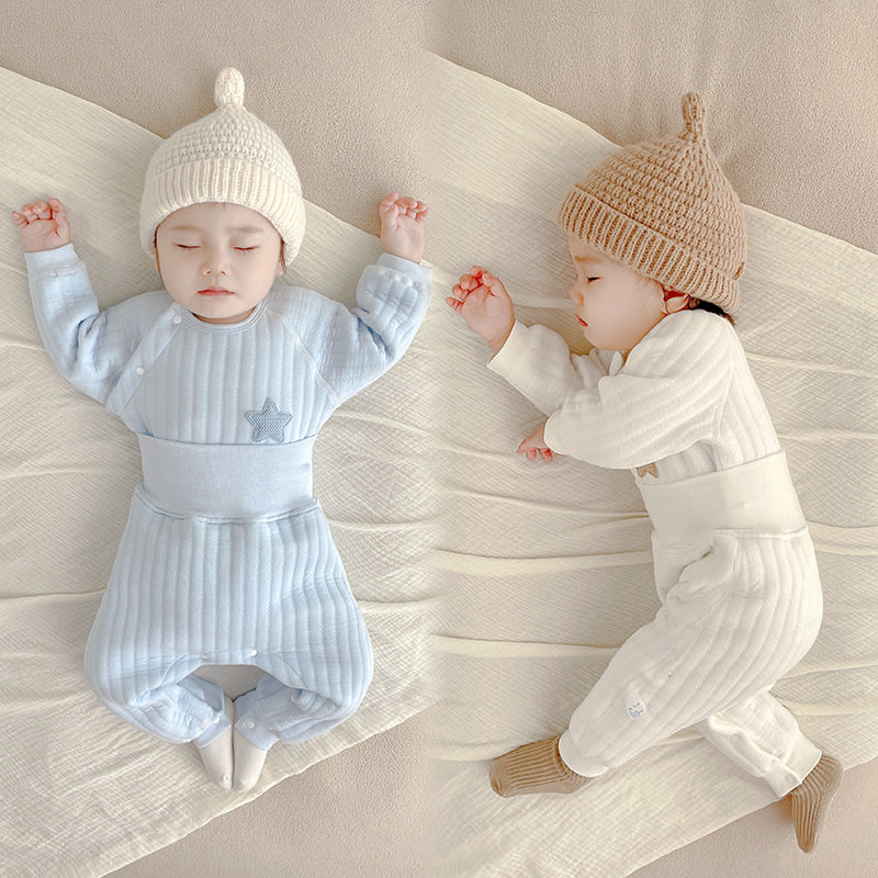 内衣套装春秋宝宝睡衣打底衫秋衣新生儿保暖纯色高腰护肚裤腿开档