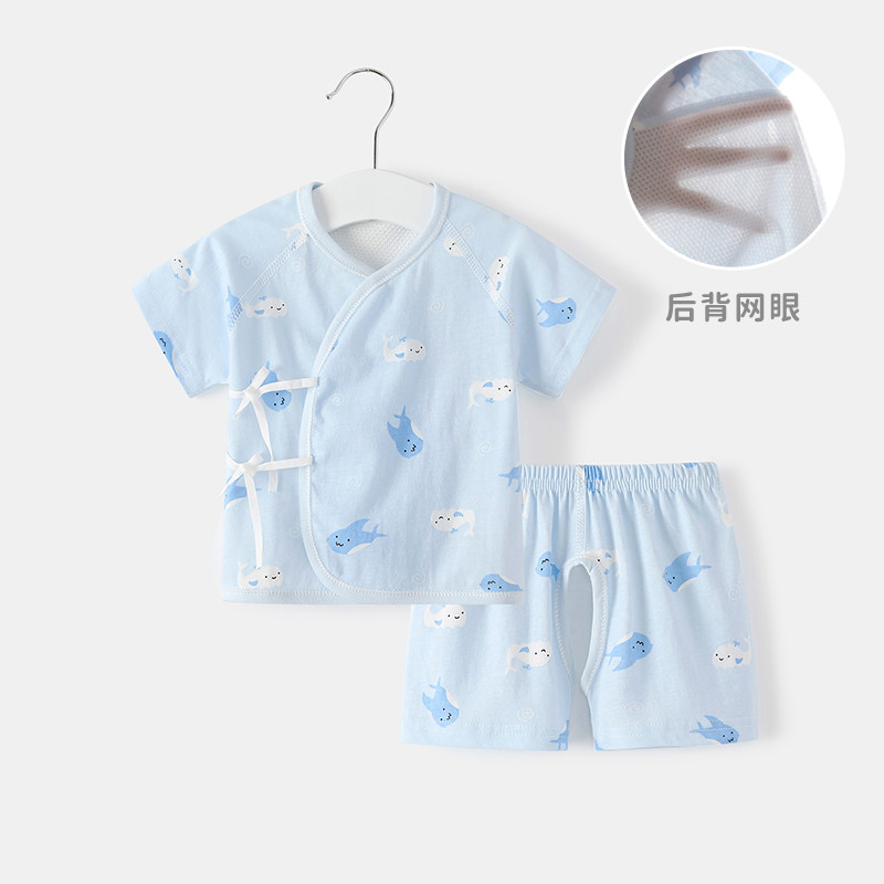 薄款纯棉新生儿家居服夏季婴儿短袖短裤套装宝宝系带睡衣后背网眼