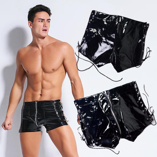 男士PVC镜面亮皮平角短裤性感拉链绑带镂空弹力系绳野性漆皮热裤
