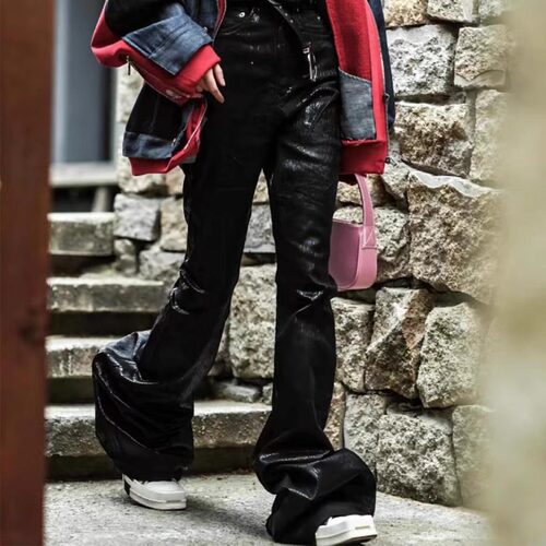 美式高街风格REMAKE版涂层弹力微喇叭牛仔裤男女潮牌小众堆积长裤