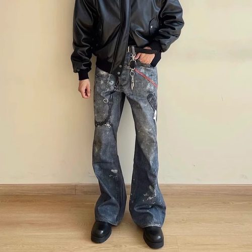 美式高街ac风格重置1981M数码3D打印牛仔裤男潮牌小众泼墨直筒裤