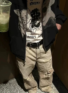 ERD 忧郁的富二代25SS 做旧泥染漫画贴布血渍条纹伐木库男 工装裤