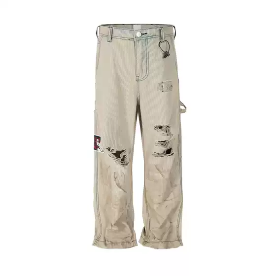 American-Style Erd Distressed Mud-Dyed Cartoon Patchwork Workwear Striped Pants for the Melancholic Rich Kid