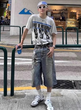 AC风格24SS蓝色数码印花涂鸦泼墨3D裤链打印装饰男牛仔短裤宽松潮