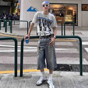 AC风格24SS蓝色数码印花涂鸦泼墨3D裤链打印装饰男牛仔短裤宽松潮