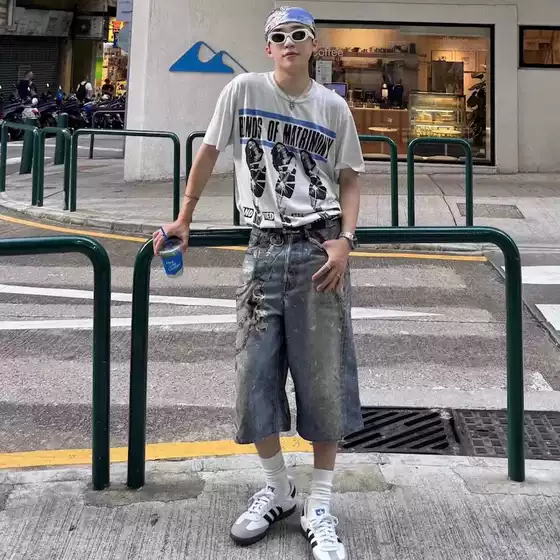 Ac Style 24Ss Blue Digital Printing Graffiti Splash Ink 3D Trouser Chain Printing Decorative Men's Denim Shorts Loose and Trendy