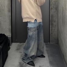 美式高街CUT-UP风格双层双腰拼接24FW Baggy牛仔裤男潮牌阔腿裤子