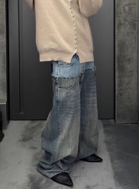 美式高街CUT-UP风格双层双腰拼接24FW Baggy牛仔裤男潮牌阔腿裤子